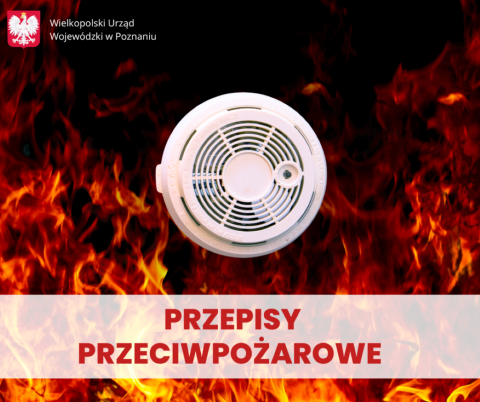 Grafika przedstawiająca czujkę dymu na tle ognia z napisem przepisy przeciwpożarowe