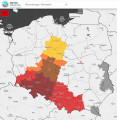Mapa IMGW - Ostrzeżenia meteorologiczne 1 , 2 i 3 stopnia przed intensywnymi opadami deszczu. Obszar zakreskowany - obszar, na którym obowiązuje komunikat meteorologiczny.