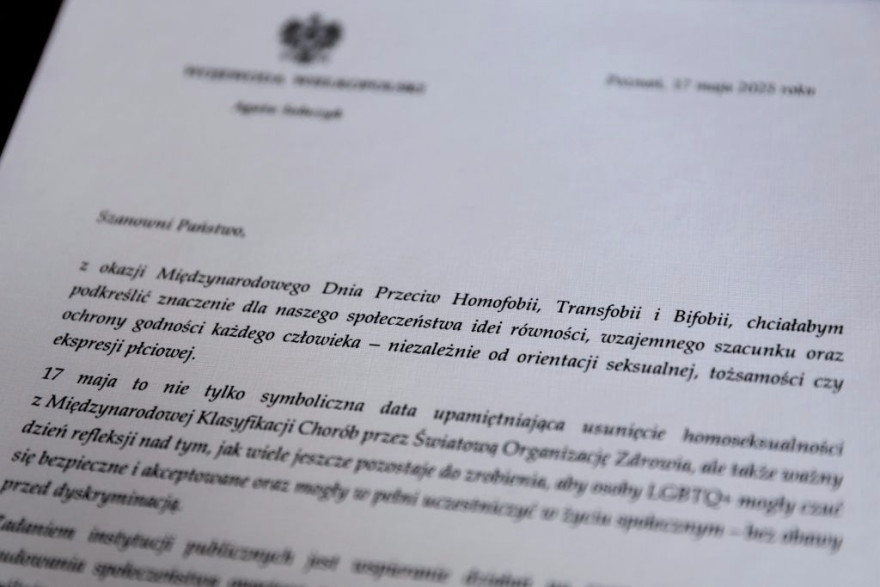 List Wojewody Wielkopolskiej Agaty Sobczyk z okazji Międzynarodowego Dnia Przeciw Homofobii, Transfobii i Bifobii