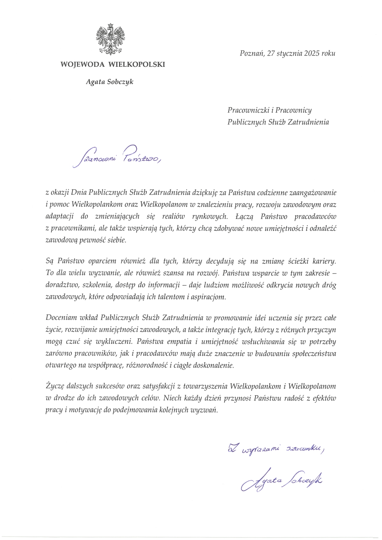 List Wojewody Wielkopolskiej Agaty Sobczyk z okazji Dnia Publicznych Służb Zatrudnienia