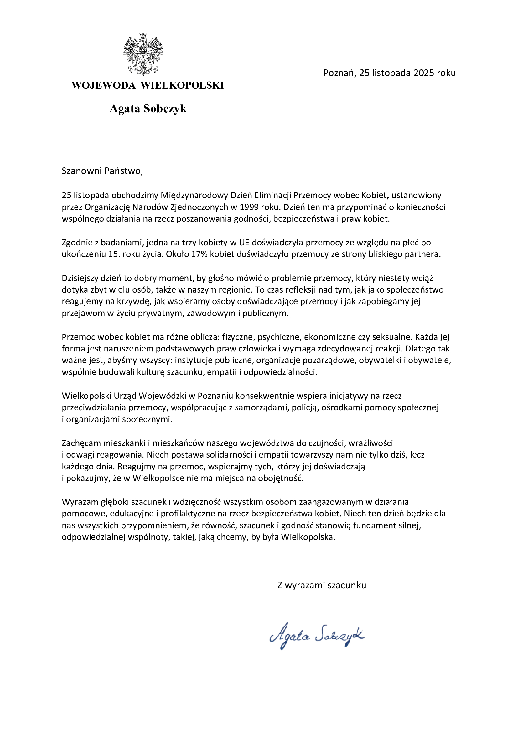 list z okazji Międzynarodowego Dnia Eliminacji Przemocy wobec Kobiet