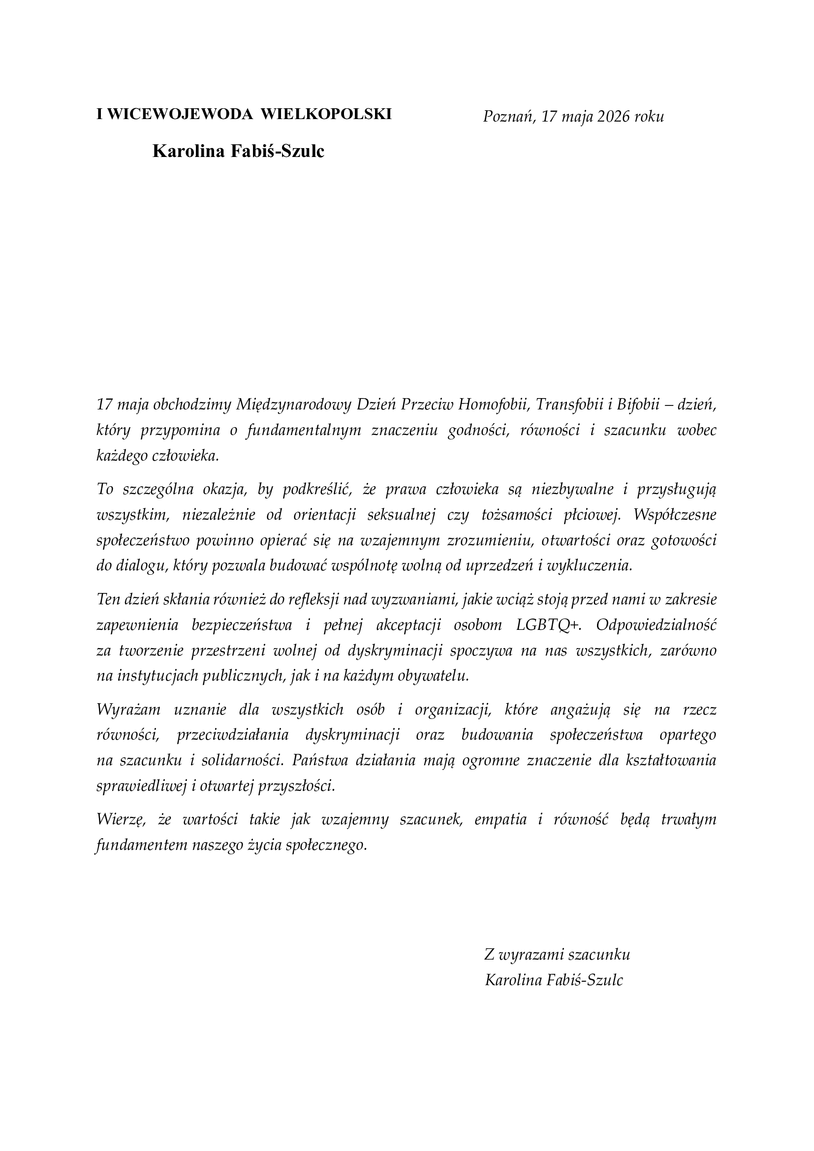 list z życzeniami z okazji Międzynarodowego Dnia Przeciw Homofobii, Transfobii i Bifobii