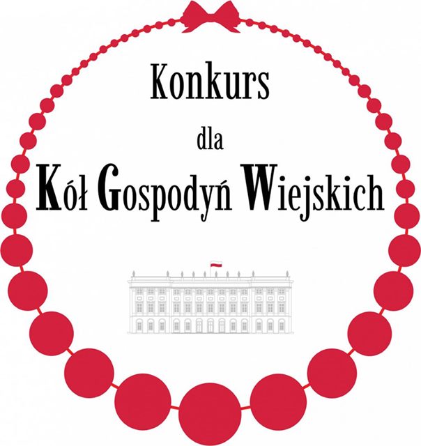 Logo konkursu - tytuł konkursu, poniżej pałac prezydencki, wszystko otoczone czerwonymi koralami