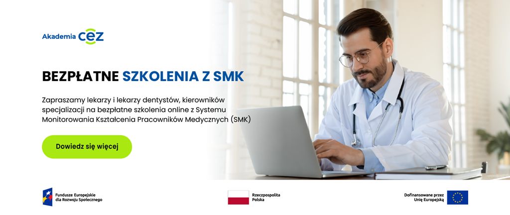 Informacja graficzna Szkolenia realizowane są w ramach projektu „Kompetencje cyfrowe w ochronie zdrowia – szkolenia z rozwiązań IT wdrażanych przez Centrum e-Zdrowia”, współfinansowanego ze środków Europejskiego Funduszu Społecznego Plus. #FunduszeEuropejskie
